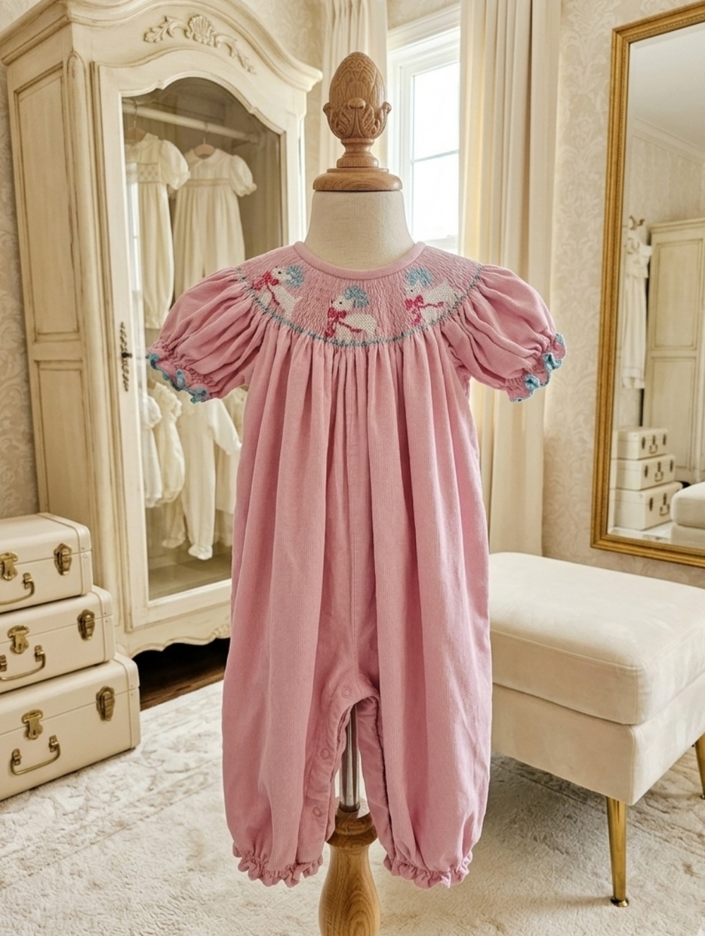 Southern Tots | Size 2T Pink Corduroy Reindeer Smocked Bubble